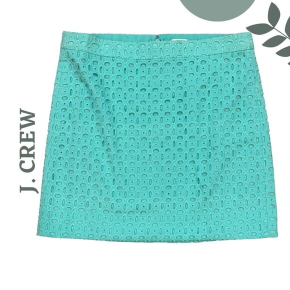 J.Crew Eyelet Mini Skirt | Turquoise Cotton A-Line | Spring Essential Size 8 - Picture 1 of 5